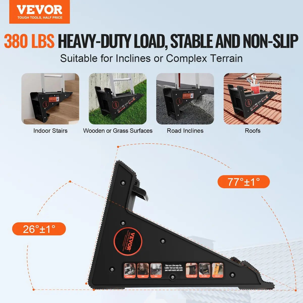 Heavy Duty Ladder Leveler, 380 lbs Load, Anti-Slip Feet for Uneven Ground