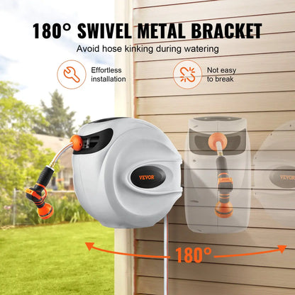 100ft Wall Mount Retractable Garden Hose Reel with 9-Pattern Nozzle