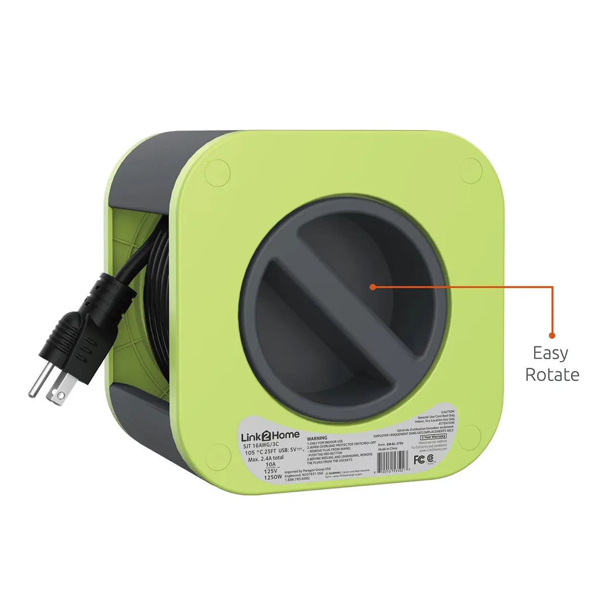 Link2Home Cord Reel 25' Extension Cord Power Outlet & USB