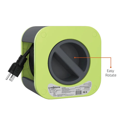 Link2Home Cord Reel 25' Extension Cord Power Outlet & USB