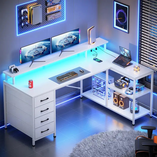 Sedeta 47.2" L-Shaped Corner Gaming Desk with RGB LED, Charging Station, 4 Drawers & Storage Shelves for Dual Monitor Setup 2.