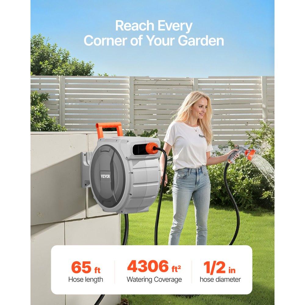 100ft Wall Mount Retractable Garden Hose Reel with 9-Pattern Nozzle