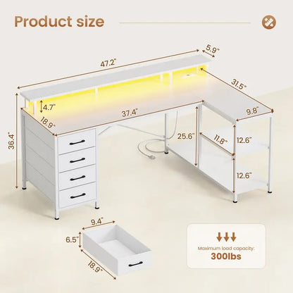 Sedeta 47.2" L-Shaped Corner Gaming Desk with RGB LED, Charging Station, 4 Drawers & Storage Shelves for Dual Monitor Setup 2.