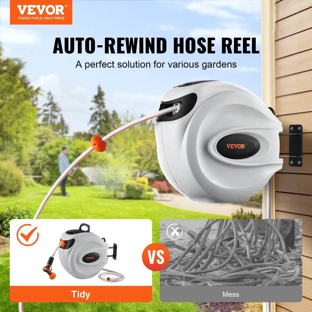 100ft Wall Mount Retractable Garden Hose Reel with 9-Pattern Nozzle