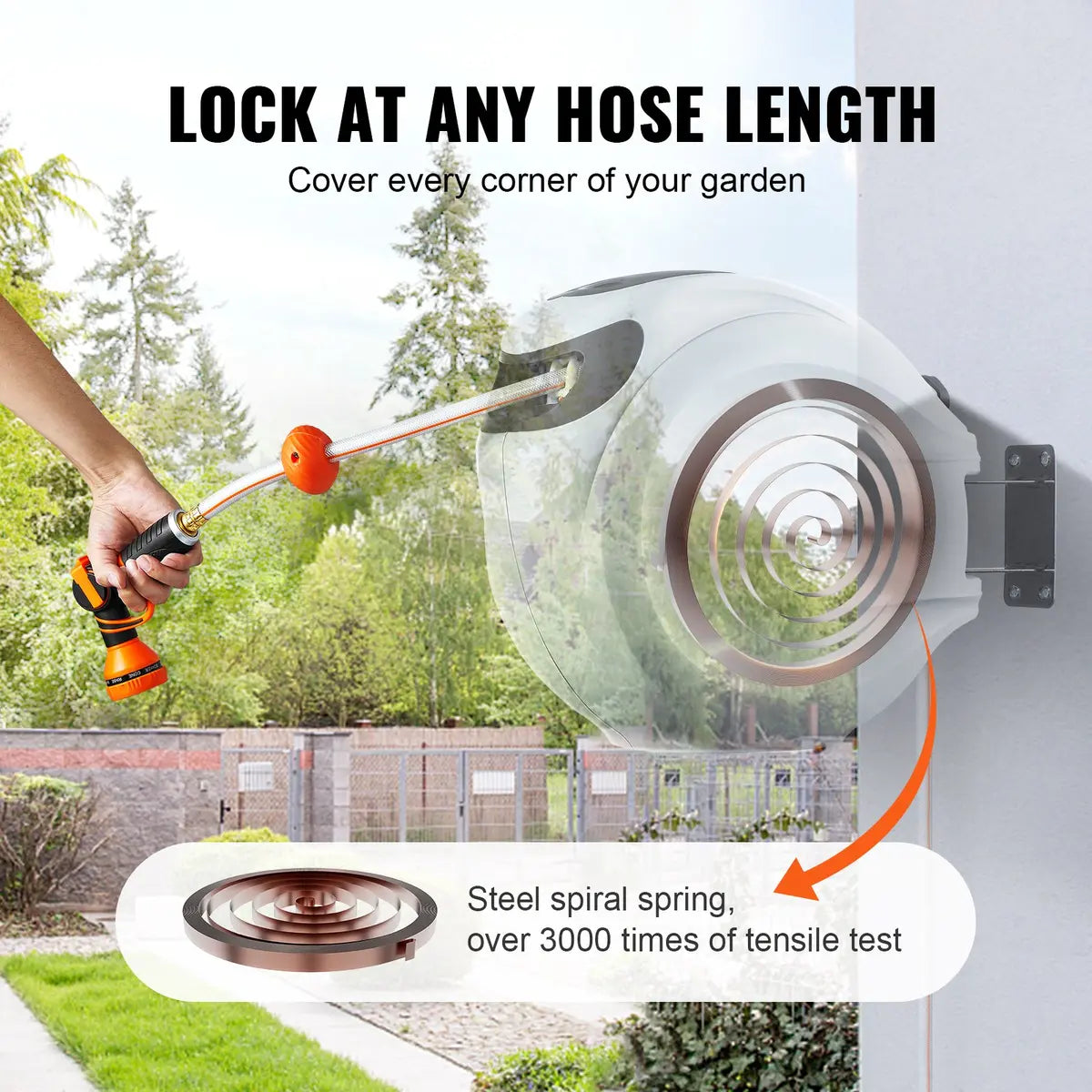 100ft Wall Mount Retractable Garden Hose Reel with 9-Pattern Nozzle