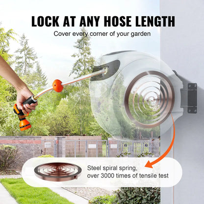 100ft Wall Mount Retractable Garden Hose Reel with 9-Pattern Nozzle