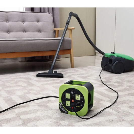 Link2Home Cord Reel 25' Extension Cord Power Outlet & USB