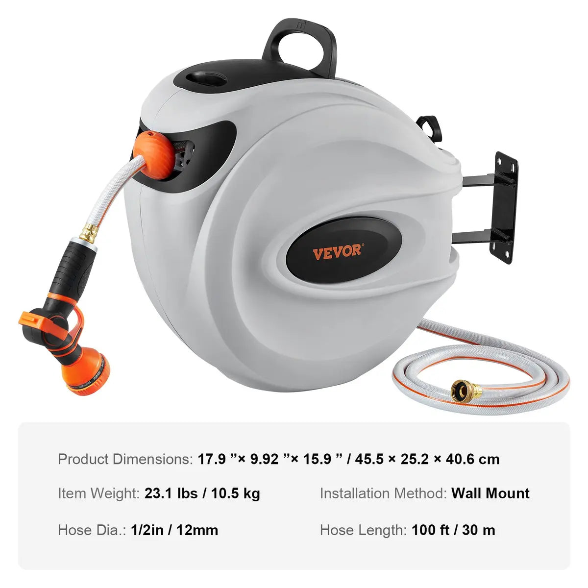 100ft Wall Mount Retractable Garden Hose Reel with 9-Pattern Nozzle