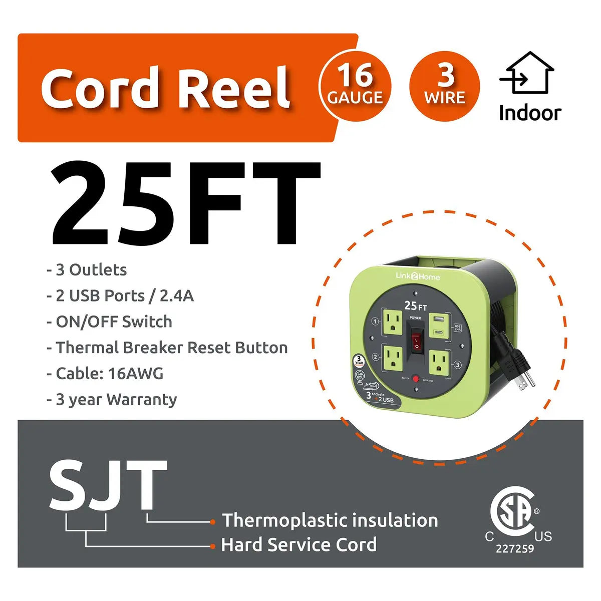 Link2Home Cord Reel 25' Extension Cord Power Outlet & USB