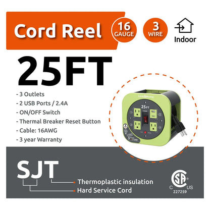 Link2Home Cord Reel 25' Extension Cord Power Outlet & USB