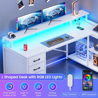 Sedeta 47.2" L-Shaped Corner Gaming Desk with RGB LED, Charging Station, 4 Drawers & Storage Shelves for Dual Monitor Setup 2.