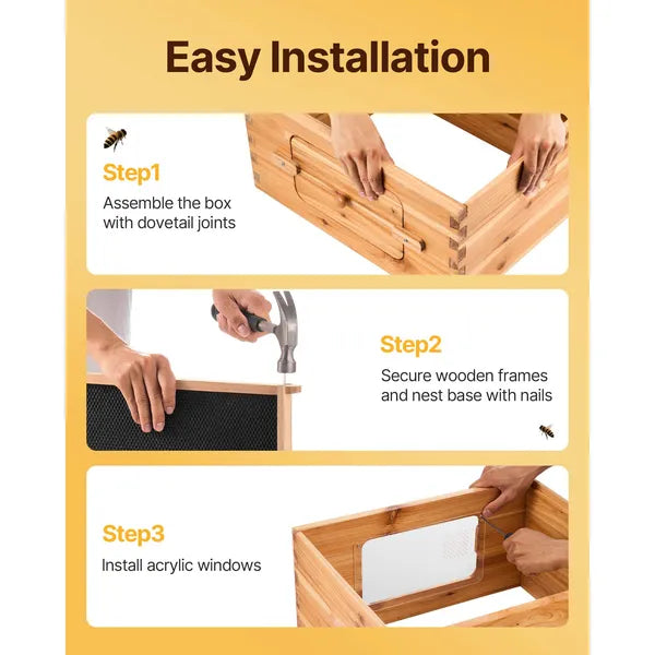 Bee Hive Medium Box Starter Kit, 100% Beeswax Coated Natural Fir Wood, Langstroth Beehive Kit with 10 Frames and Foundations, Transparent Acrylic Bee Windows for Beginners and Pro Beekeepers