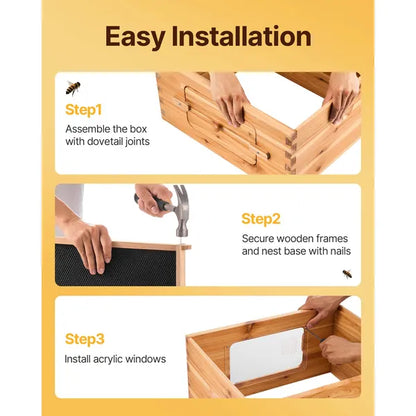 Bee Hive Medium Box Starter Kit, 100% Beeswax Coated Natural Fir Wood, Langstroth Beehive Kit with 10 Frames and Foundations, Transparent Acrylic Bee Windows for Beginners and Pro Beekeepers