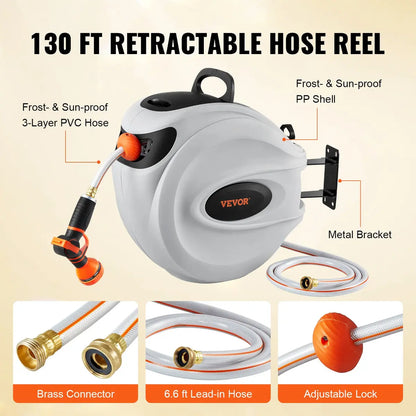 100ft Wall Mount Retractable Garden Hose Reel with 9-Pattern Nozzle