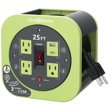 Link2Home Cord Reel 25' Extension Cord Power Outlet & USB