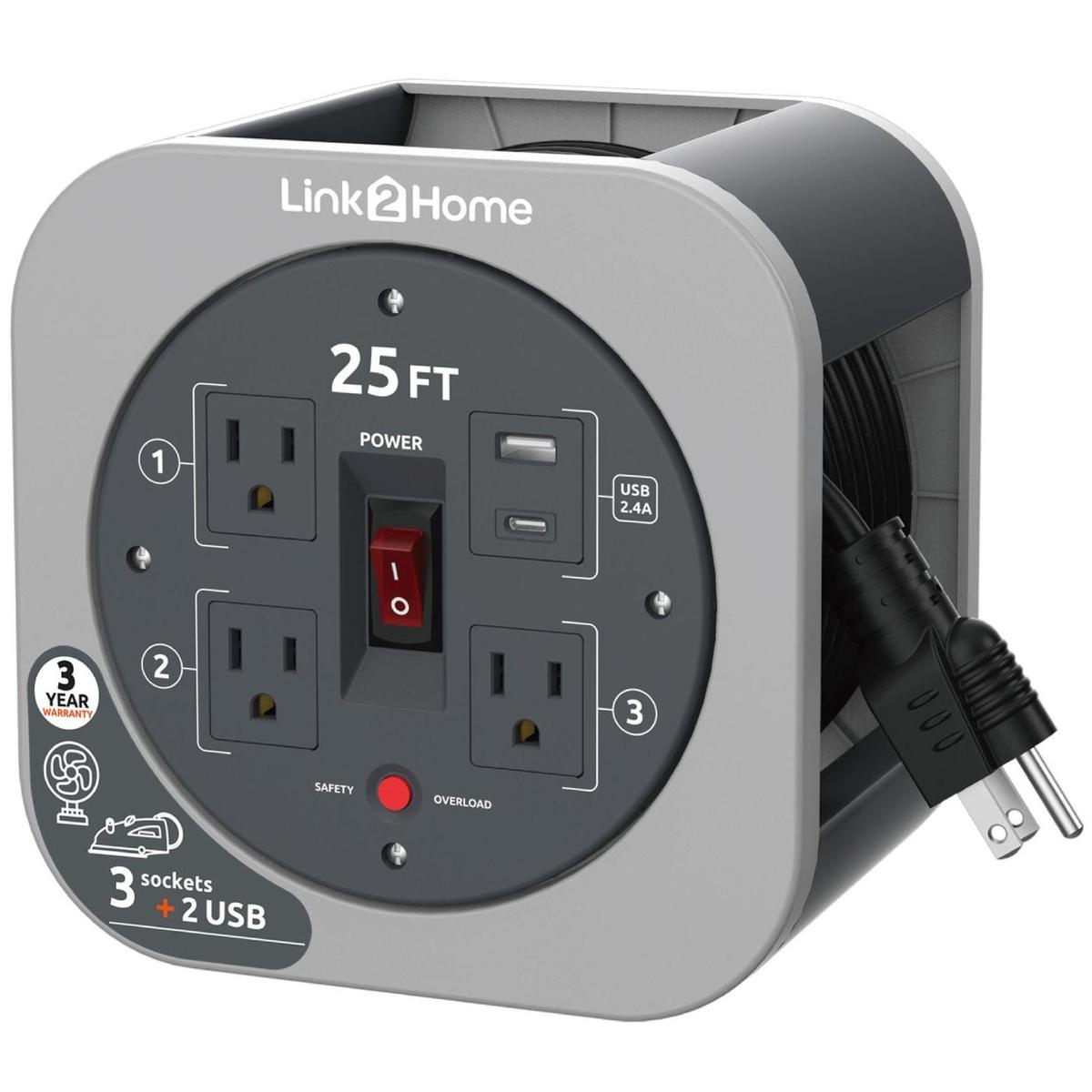 Link2Home Cord Reel 25' Extension Cord Power Outlet & USB