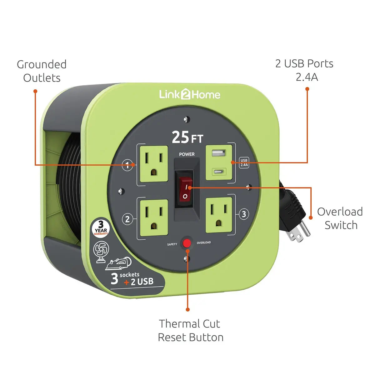 Link2Home Cord Reel 25' Extension Cord Power Outlet & USB