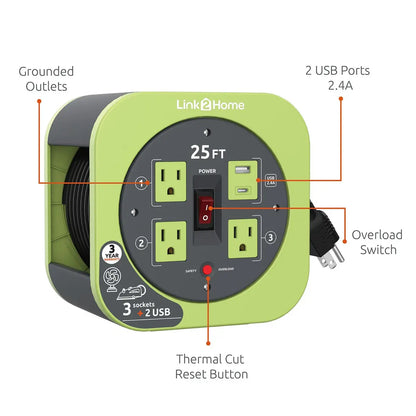 Link2Home Cord Reel 25' Extension Cord Power Outlet & USB