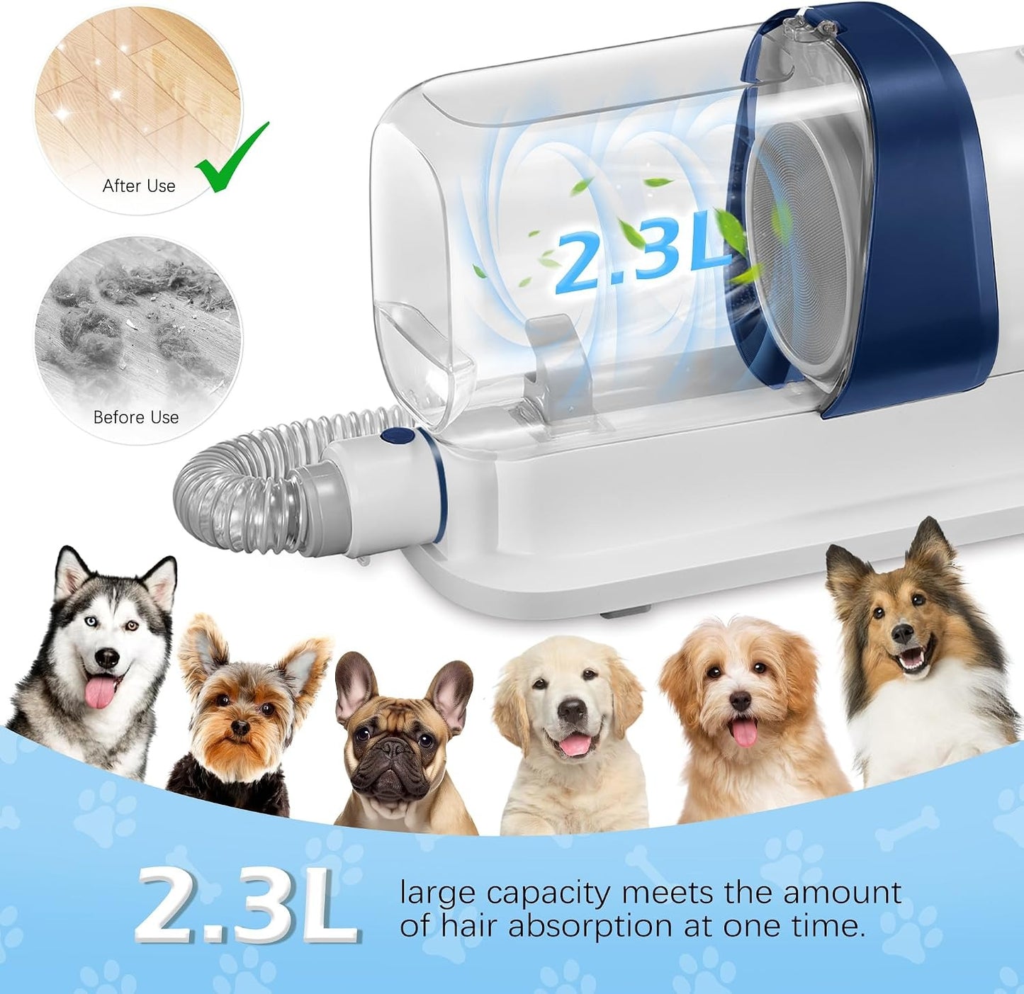 Pet Grooming Vacuum 2.3L, Low Noise Dog Cat Hair Shedding Grooming Kit