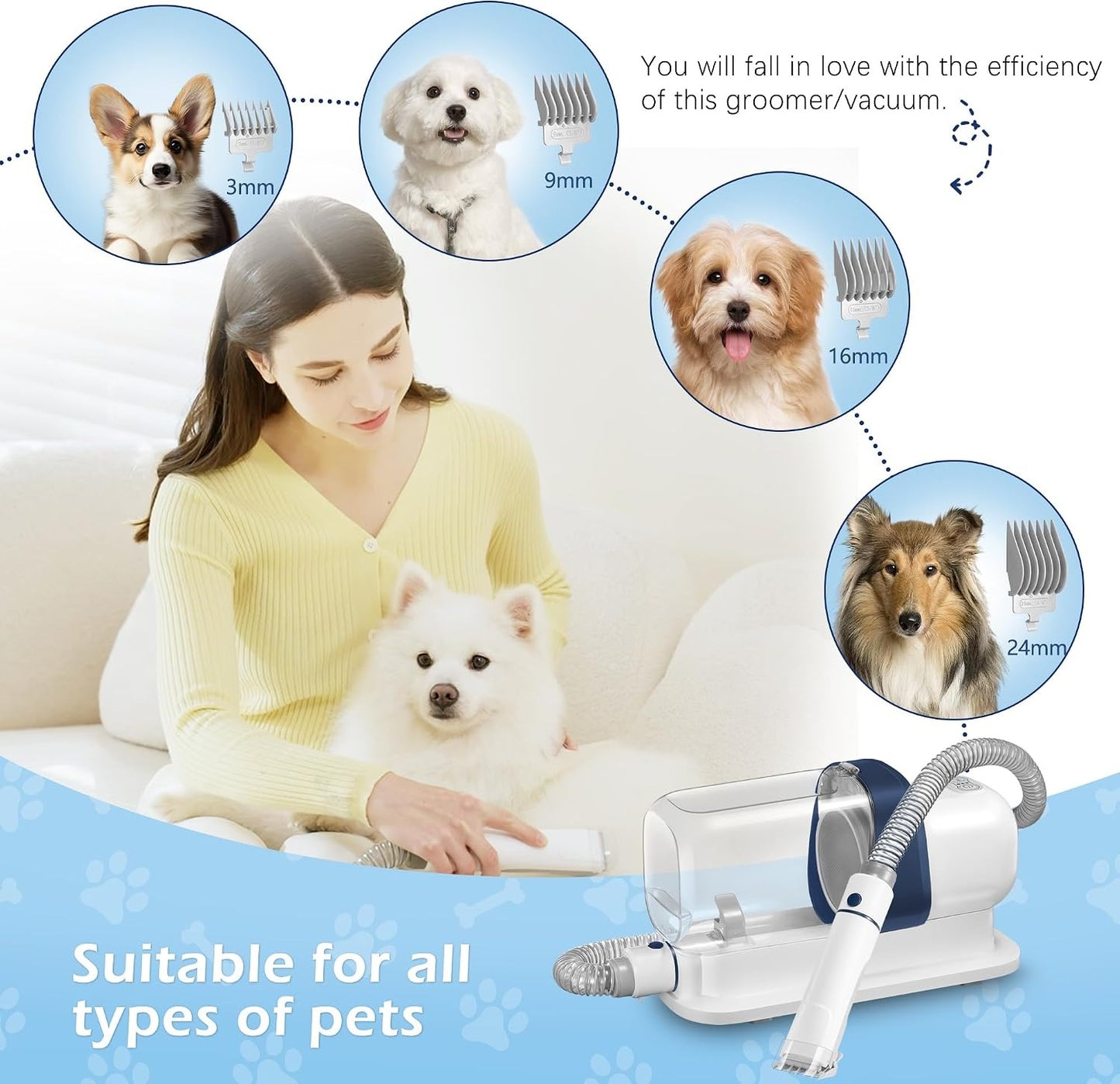 Pet Grooming Vacuum 2.3L, Low Noise Dog Cat Hair Shedding Grooming Kit