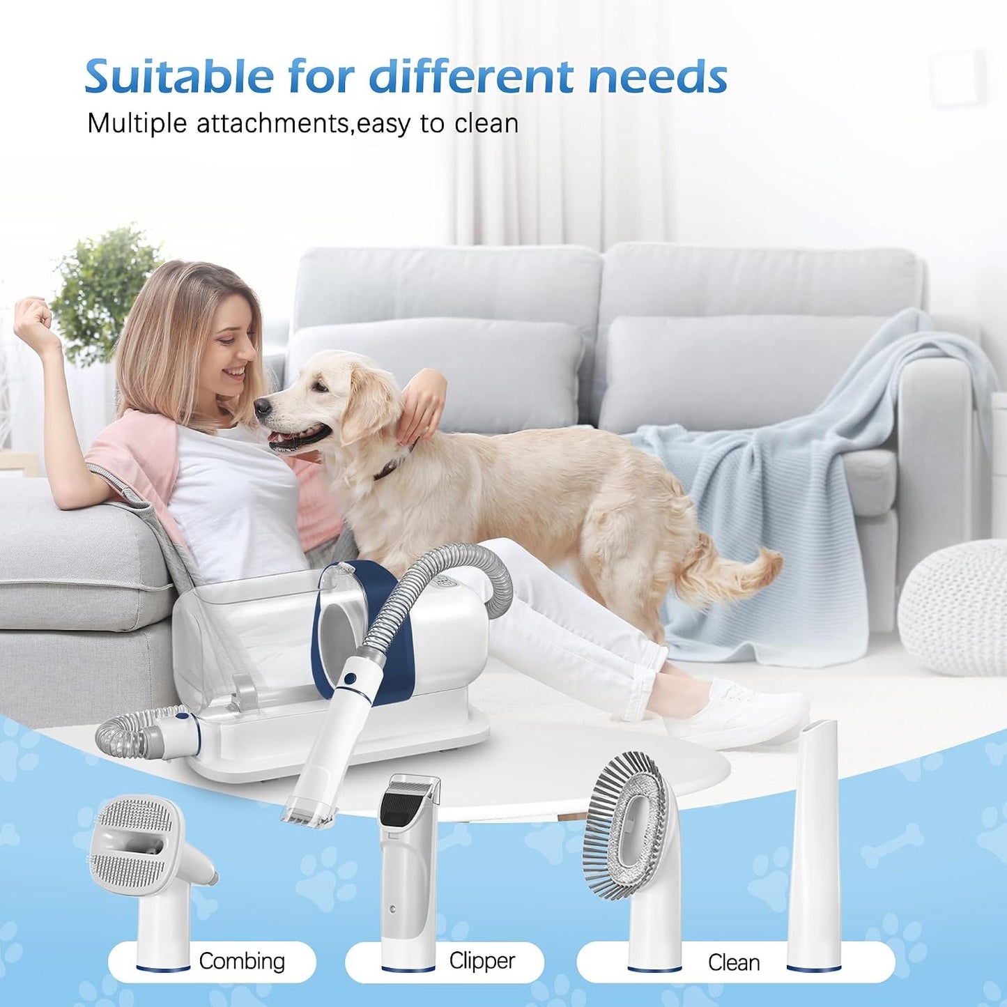 Pet Grooming Vacuum 2.3L, Low Noise Dog Cat Hair Shedding Grooming Kit