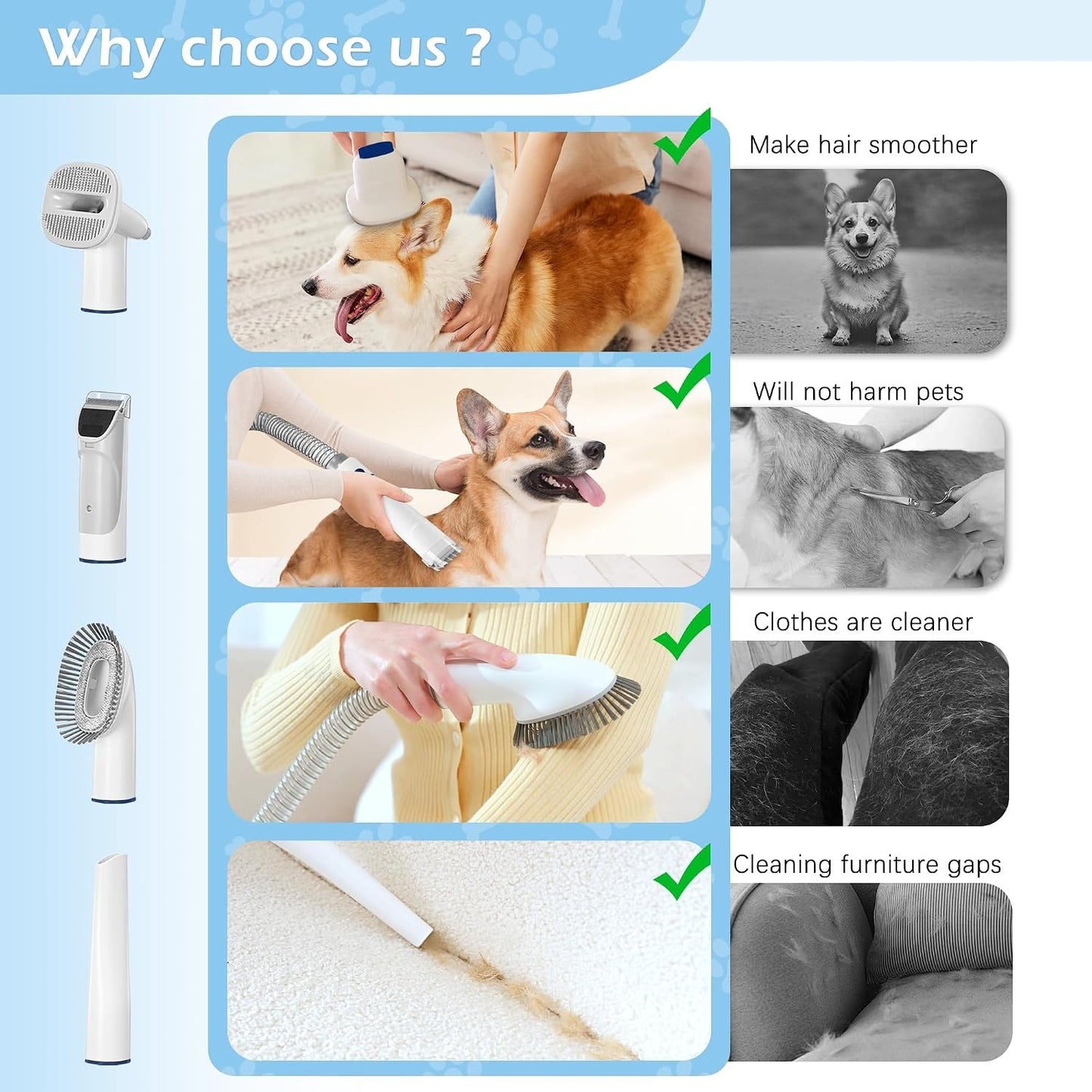 Pet Grooming Vacuum 2.3L, Low Noise Dog Cat Hair Shedding Grooming Kit